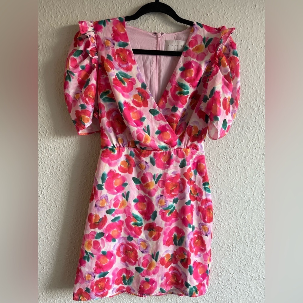 Adelyn Rae Red and Pink Sheath Midi Dress with Puff Cap Sleeves Size XS - Picture 2 of 11